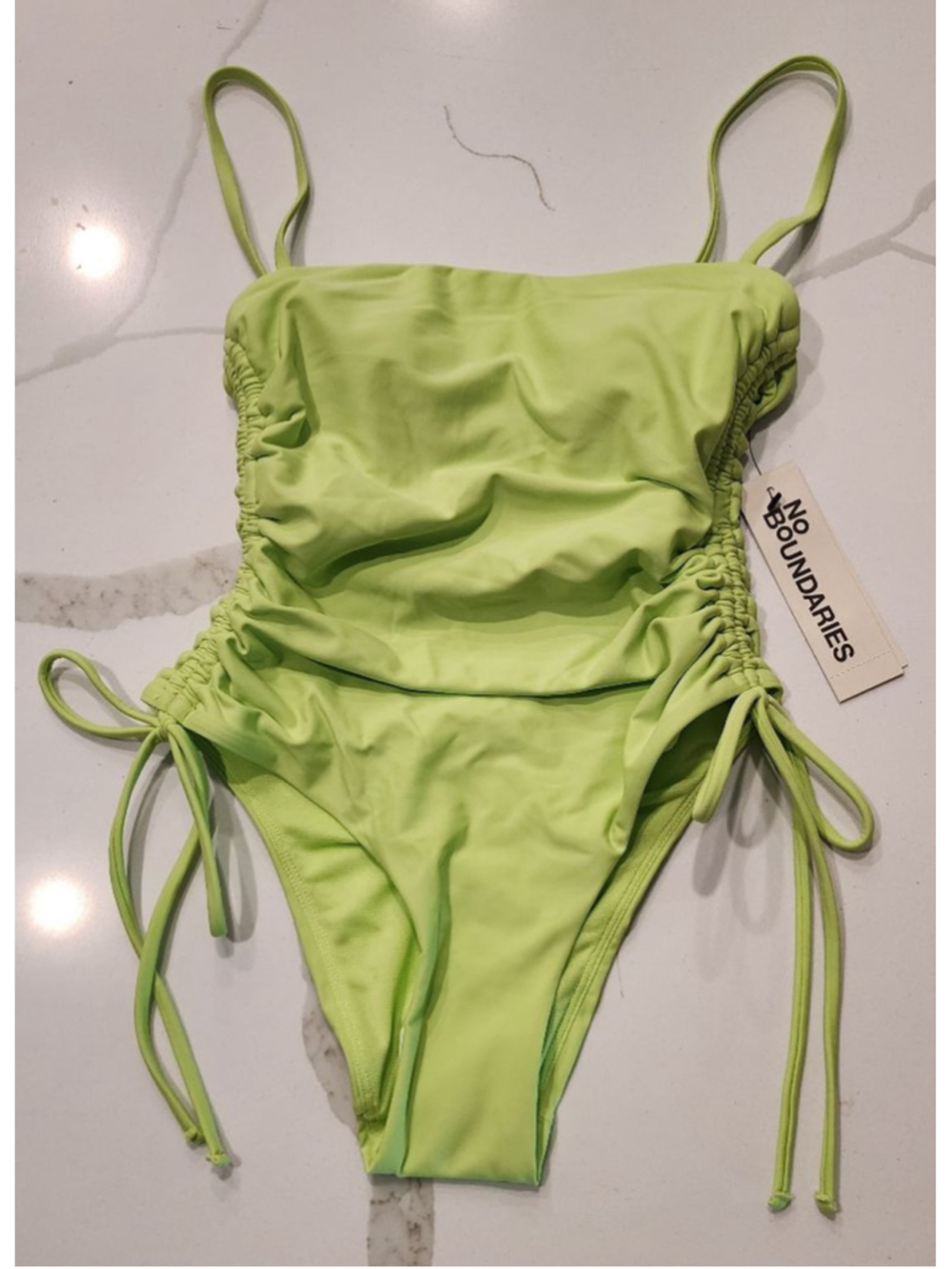 No Boundaries XXS Lime Green Ruched High Leg Cheeky One Piece Swimsuit NWT